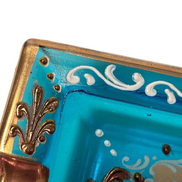 Italian Glass Ashtray Ornate Blue Gold Floral Made in Italy Vintage - Picture 7 of 11